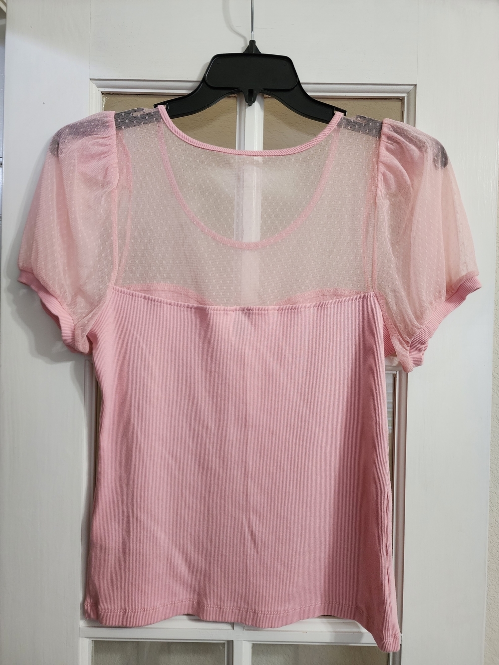 Maeve Anthropologie XL Pink Ribbed Mesh Puff Sleeve Swiss Dot Top - Picture 3 of 10